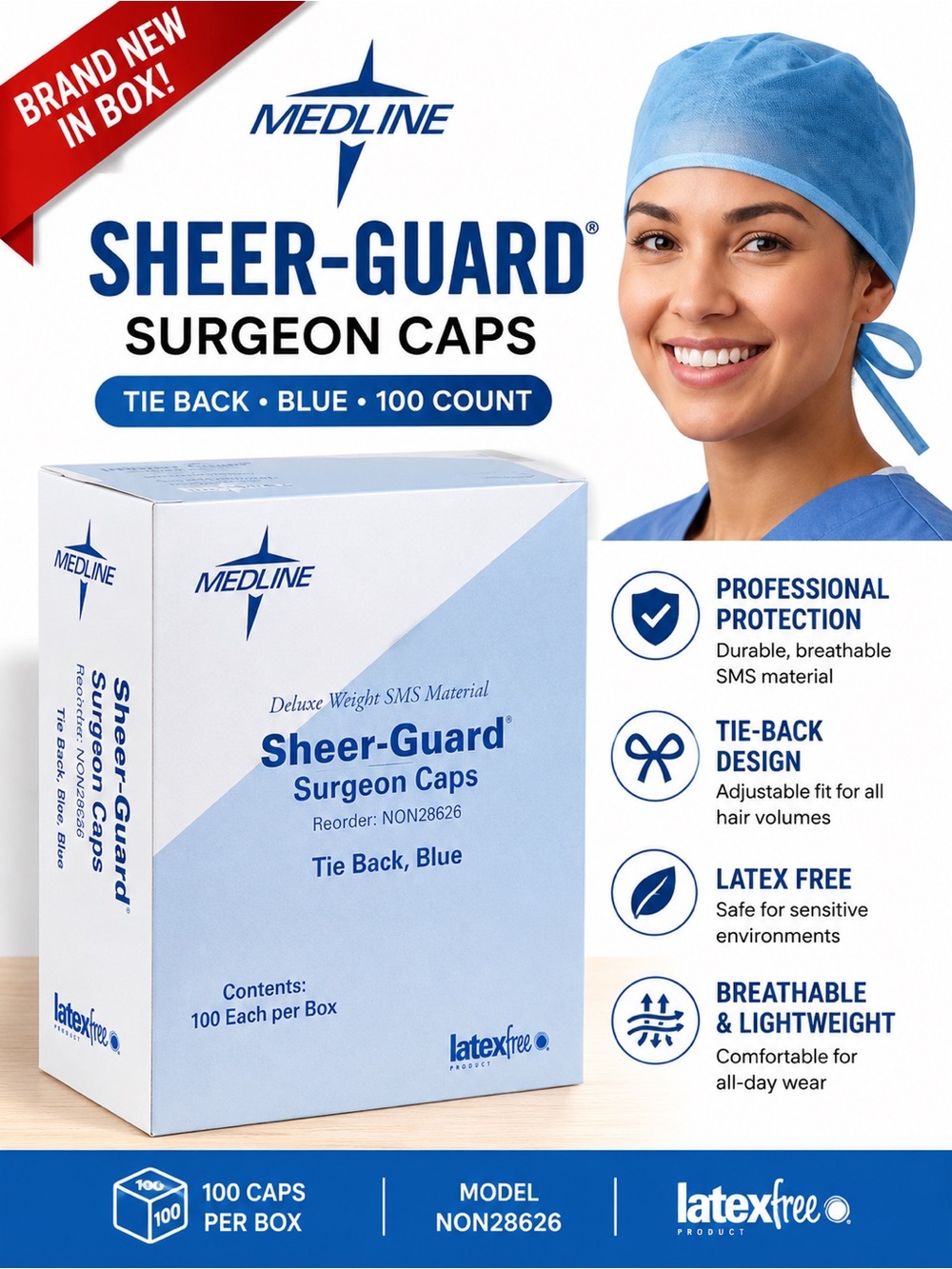 NEW Medline Sheer-Guard Surgeon Caps Blue Tie Back 100 Box Latex Free NON28626